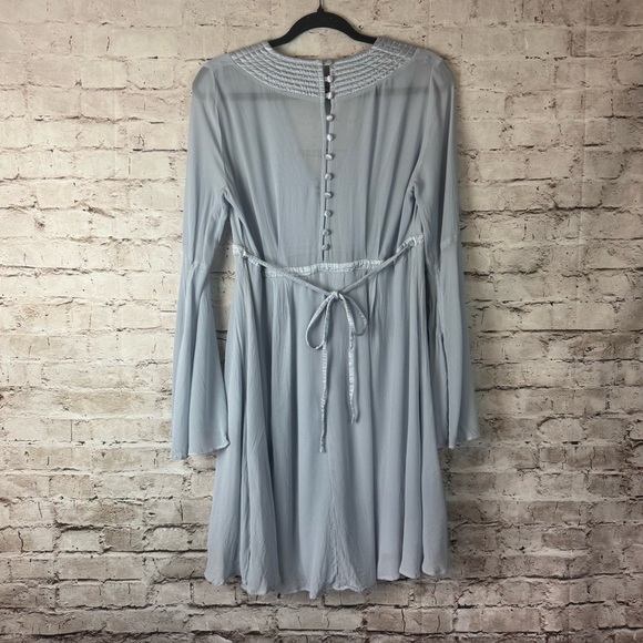 Anthropologie Ghost London Belled Gray Blue Peasant Boho Dress Tie Button Small - Picture 10 of 10